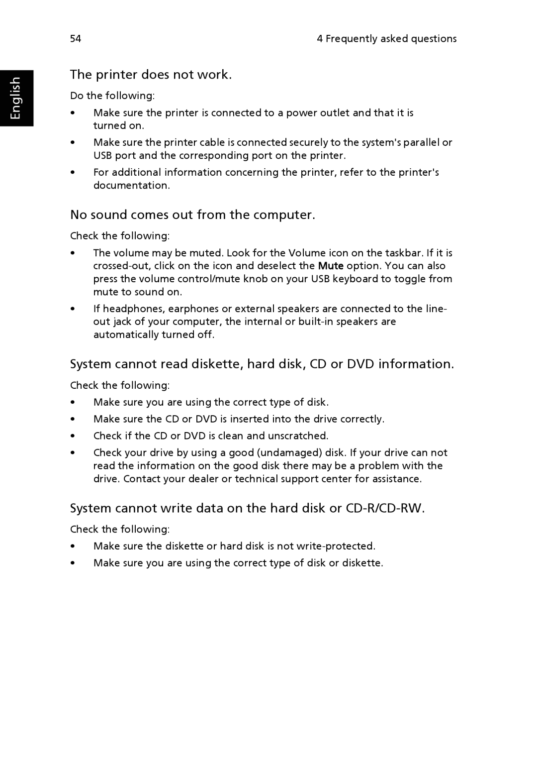 Acer Veriton manual Printer does not work, No sound comes out from the computer 