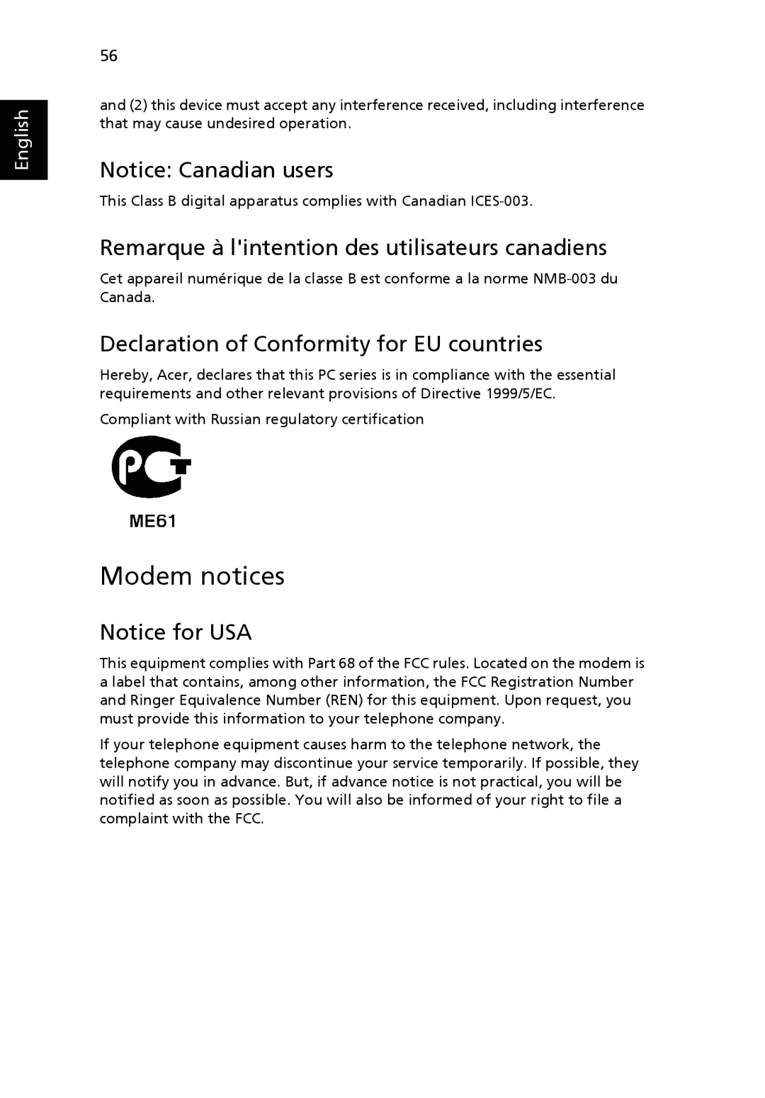 Acer Veriton manual Modem notices, Declaration of Conformity for EU countries 