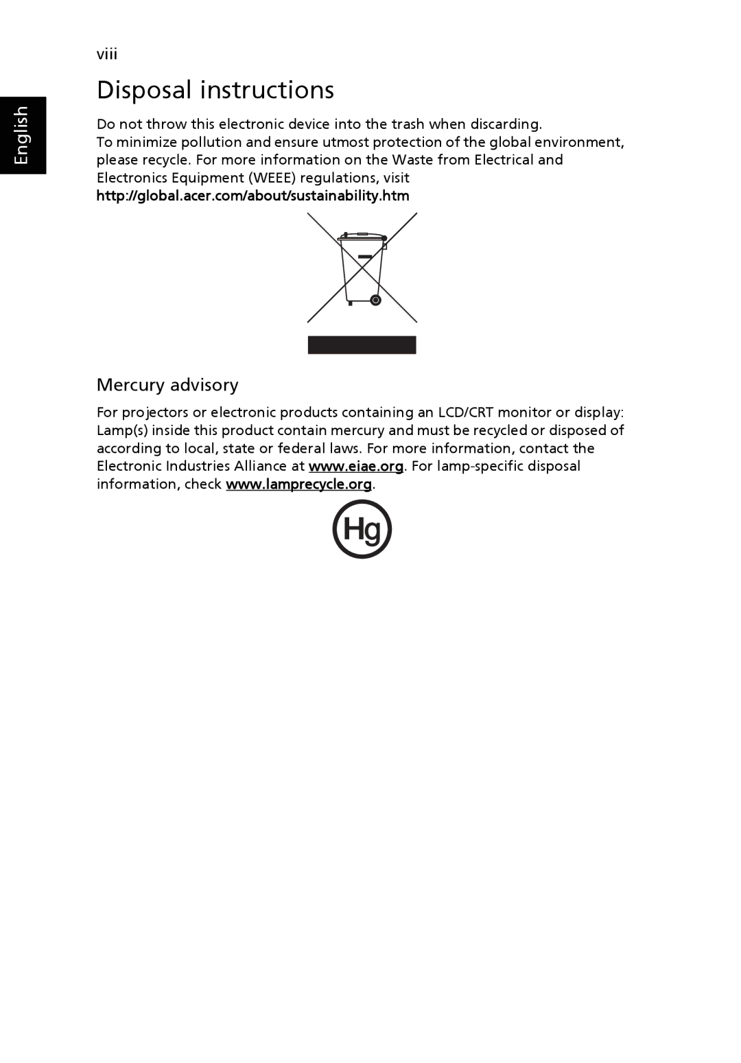 Acer Veriton manual Disposal instructions, Mercury advisory 