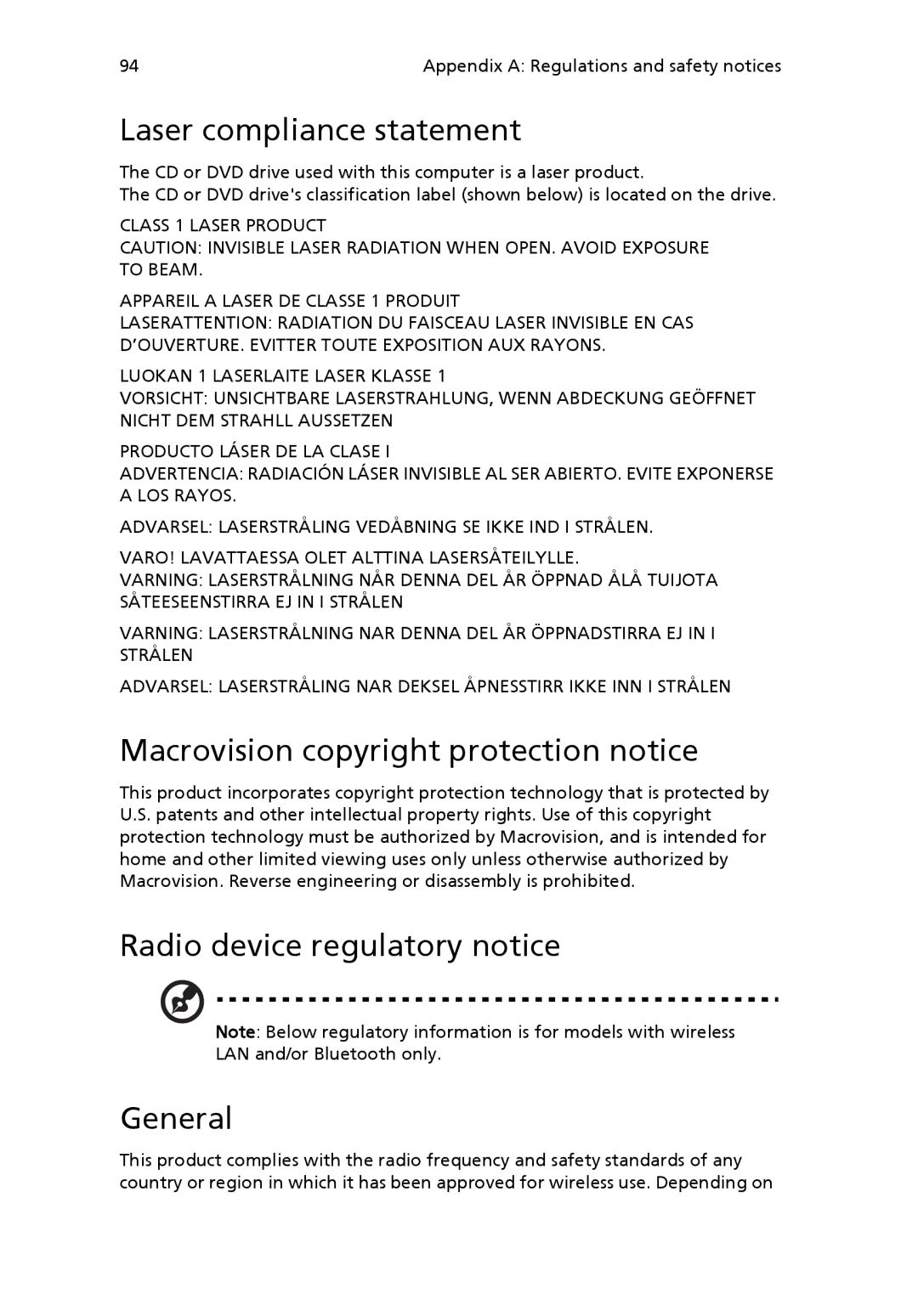 Acer VX4618GUI7260W manual Laser compliance statement, Macrovision copyright protection notice 