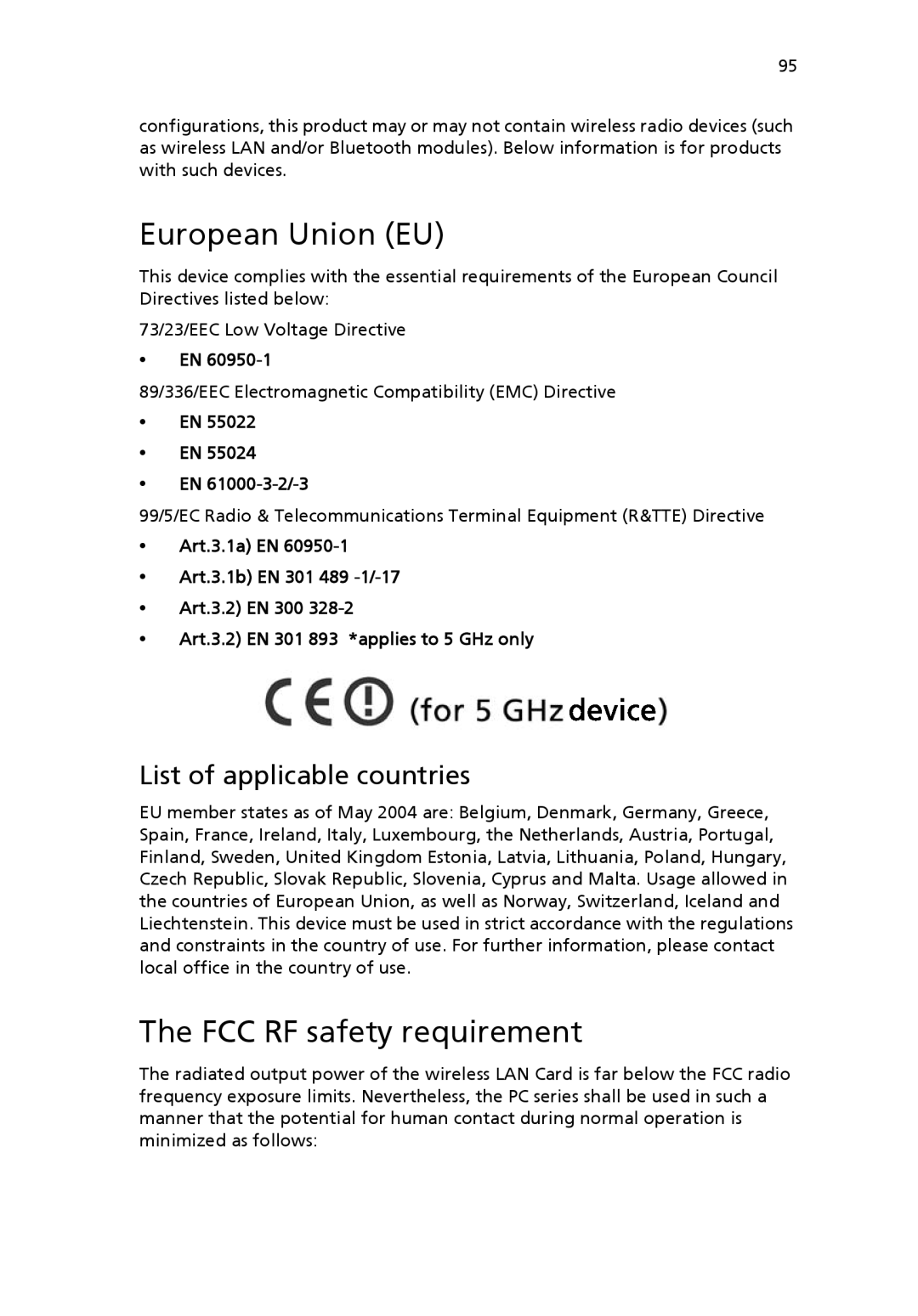 Acer VX4618GUI7260W manual European Union EU, FCC RF safety requirement, EN 61000-3-2/-3 