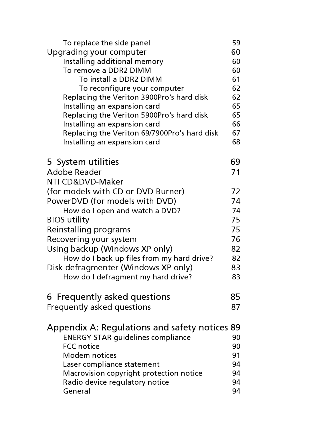 Acer VX4618GUI7260W manual System utilities, Frequently asked questions, Appendix a Regulations and safety notices 