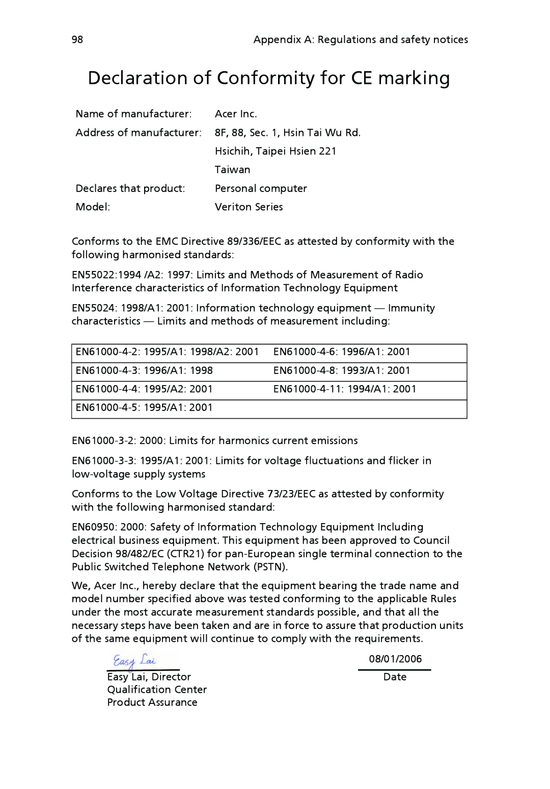 Acer VX4618GUI7260W manual Declaration of Conformity for CE marking 