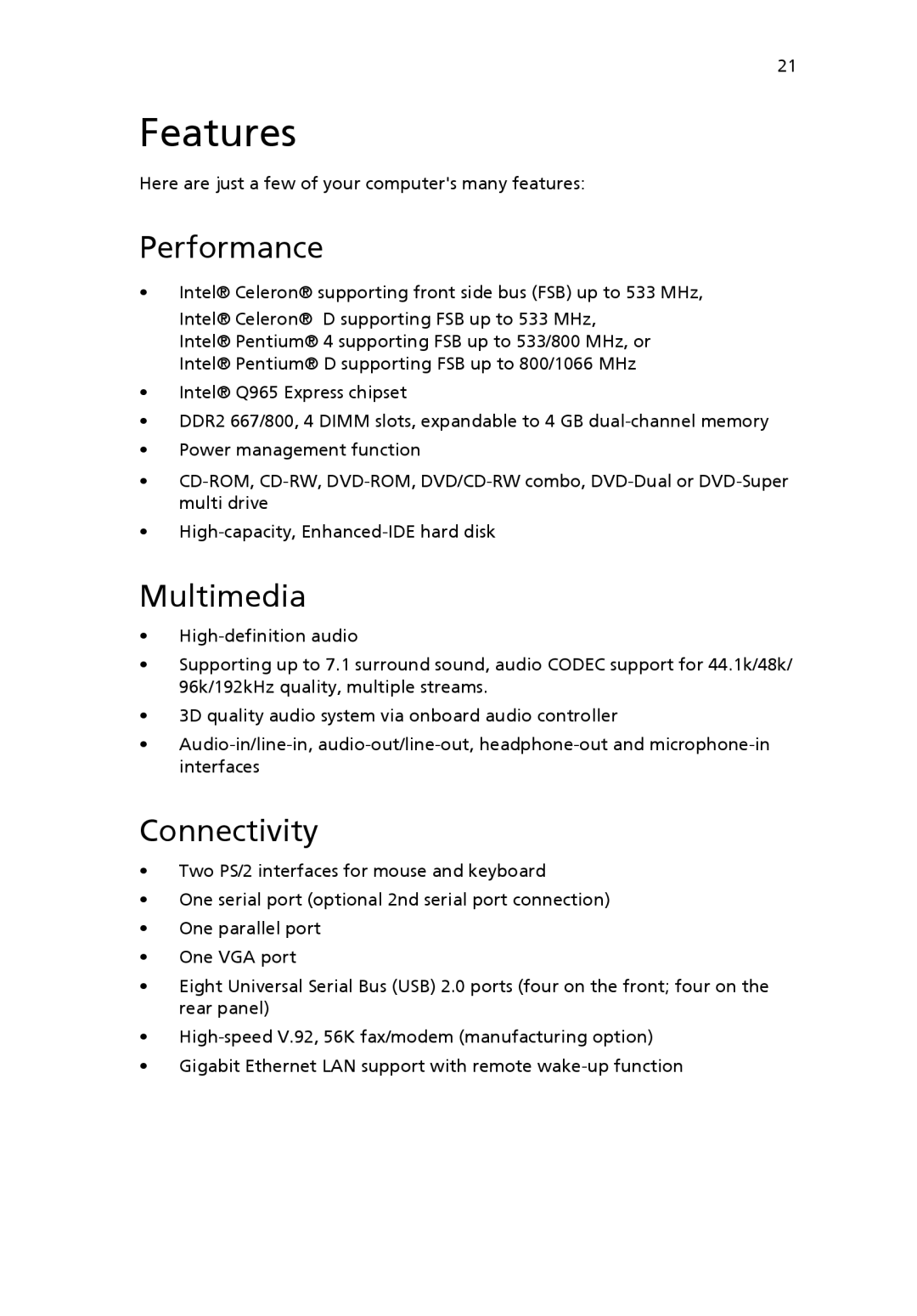 Acer VX4618GUI7260W manual Features, Performance, Multimedia, Connectivity 