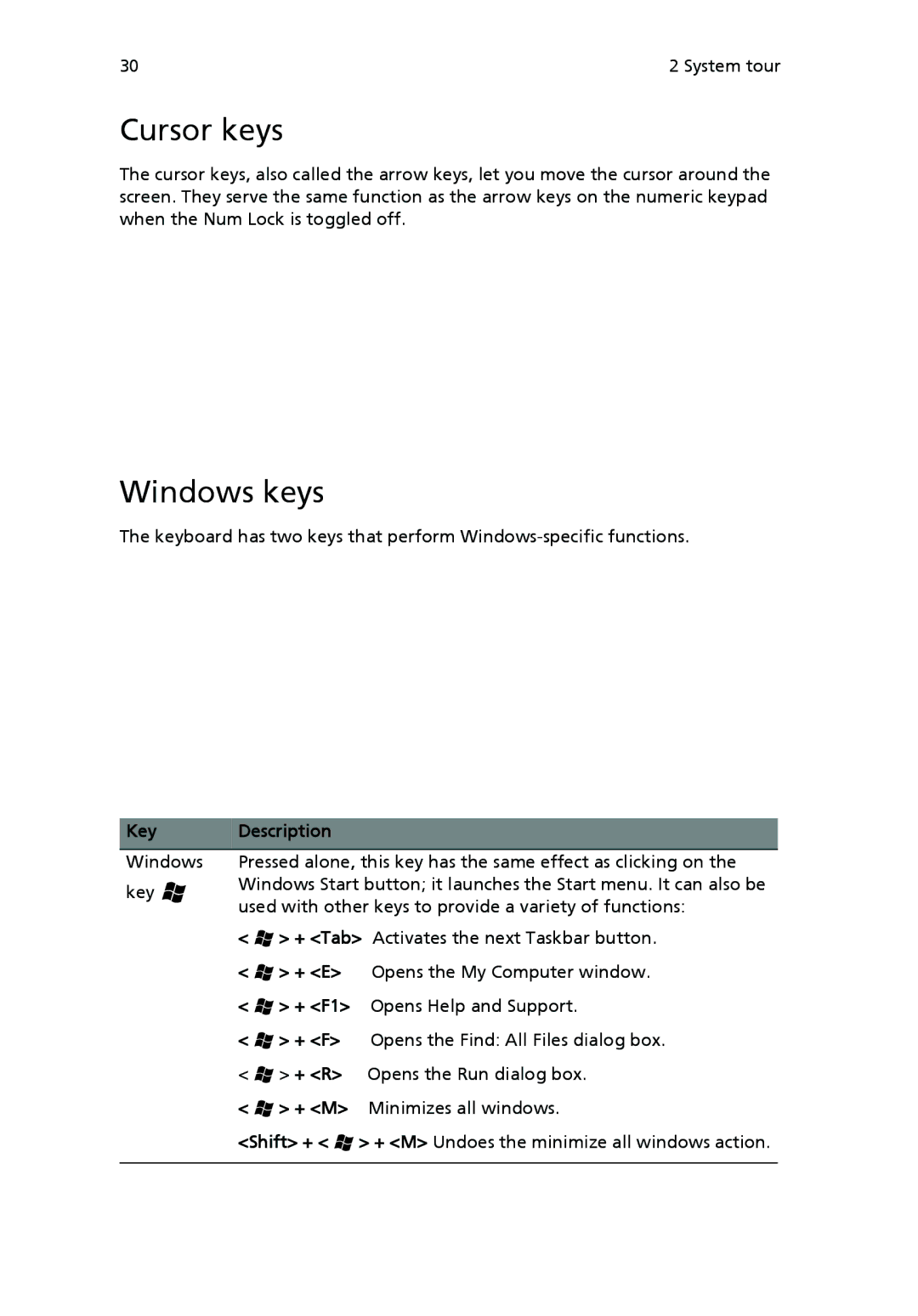 Acer VX4618GUI7260W manual Cursor keys, Windows keys 