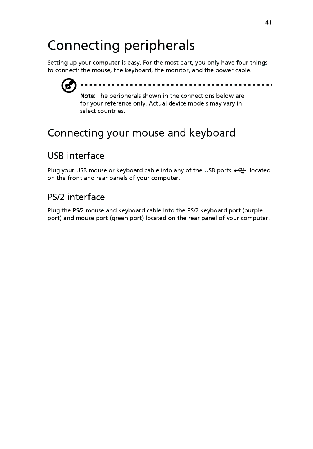 Acer VX4618GUI7260W manual Connecting peripherals, Connecting your mouse and keyboard, USB interface, PS/2 interface 