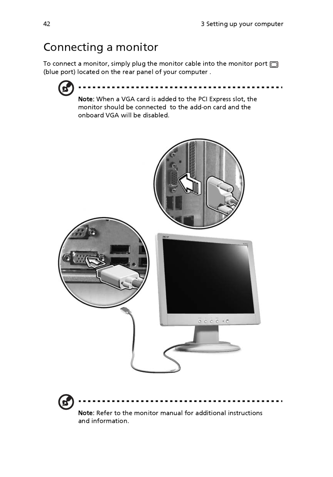 Acer VX4618GUI7260W manual Connecting a monitor 