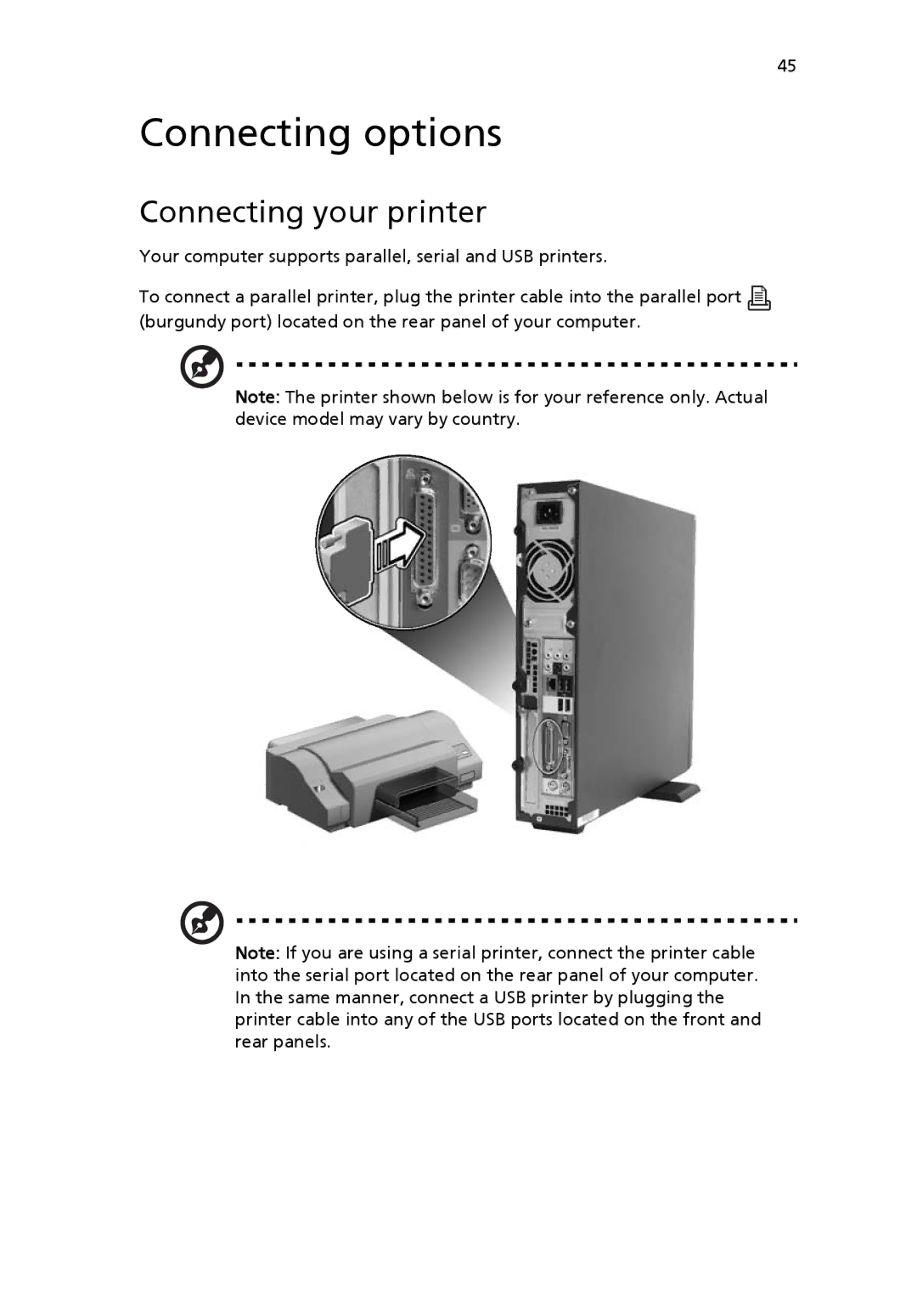 Acer VX4618GUI7260W manual Connecting options, Connecting your printer 