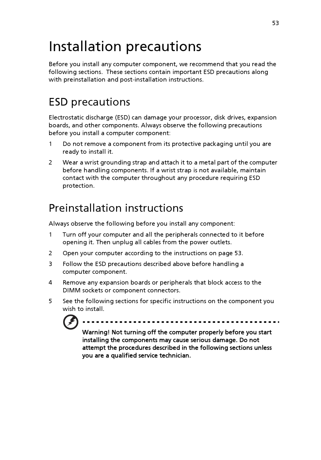 Acer VX4618GUI7260W manual Installation precautions, ESD precautions, Preinstallation instructions 