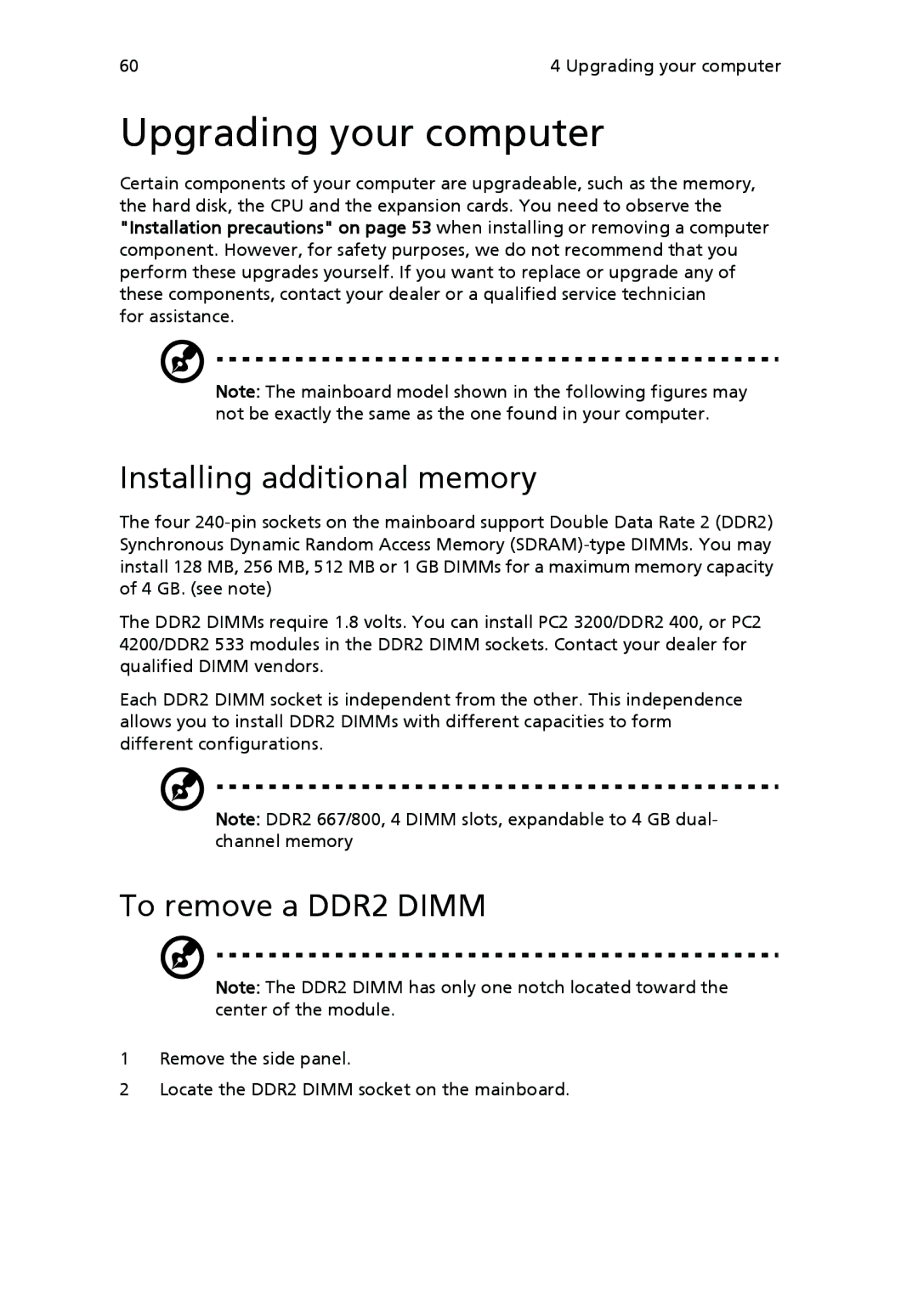 Acer VX4618GUI7260W manual Upgrading your computer, Installing additional memory, To remove a DDR2 Dimm 