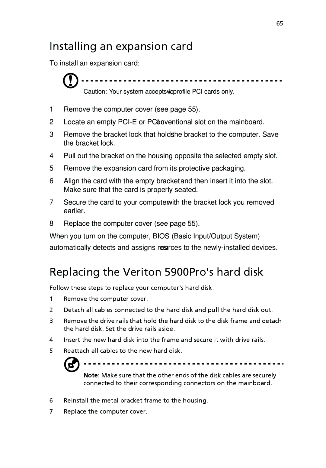 Acer VX4618GUI7260W manual Installing an expansion card, Replacing the Veriton 5900Pros hard disk 