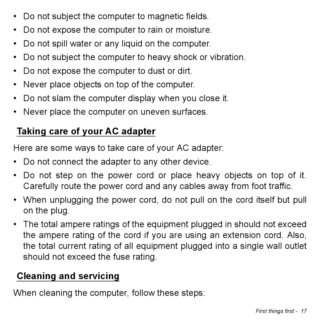 Acer NT.L0EAA.003, W7006454 manual Taking care of your AC adapter, Cleaning and servicing 