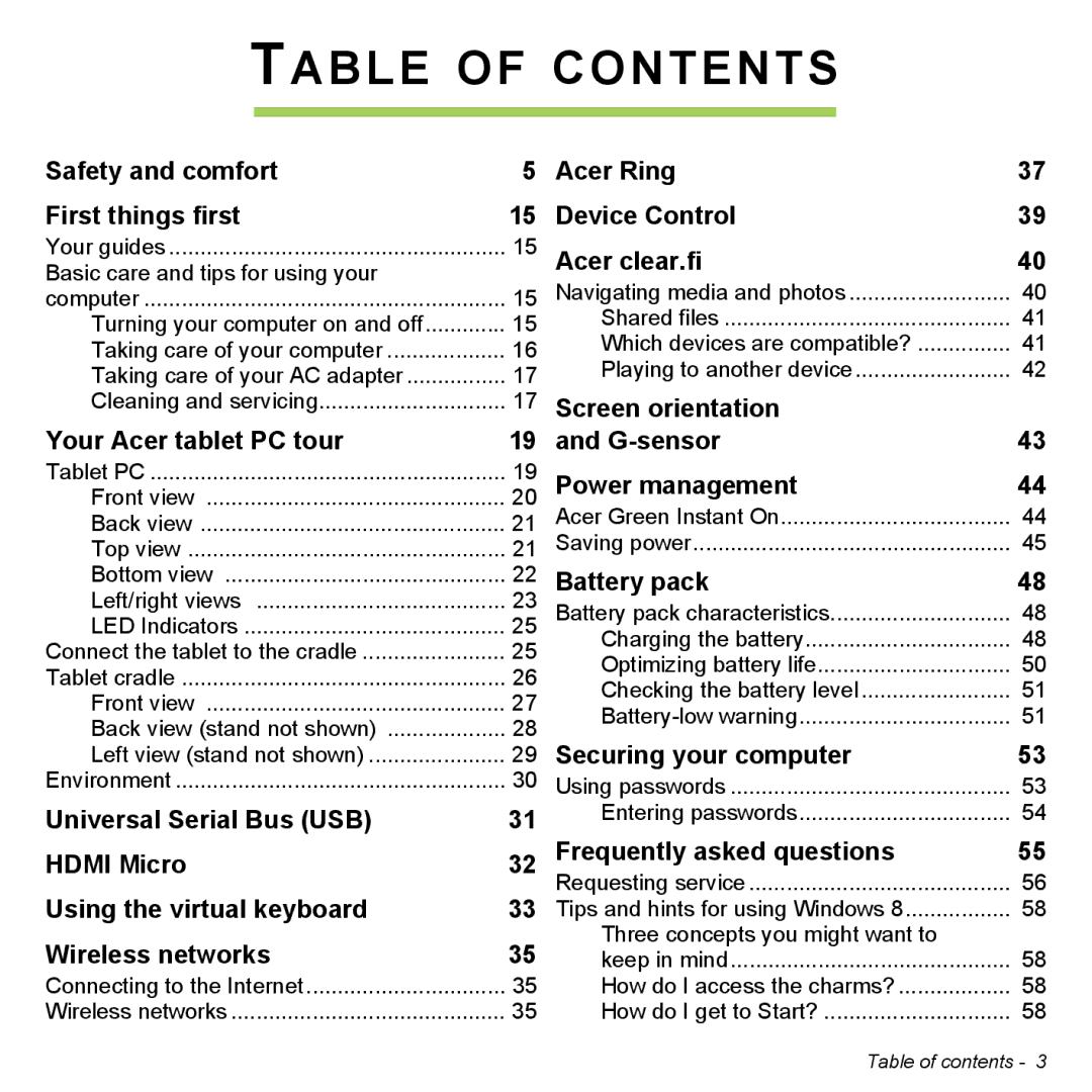 Acer NT.L0EAA.003, W7006454 manual Table of Contents 