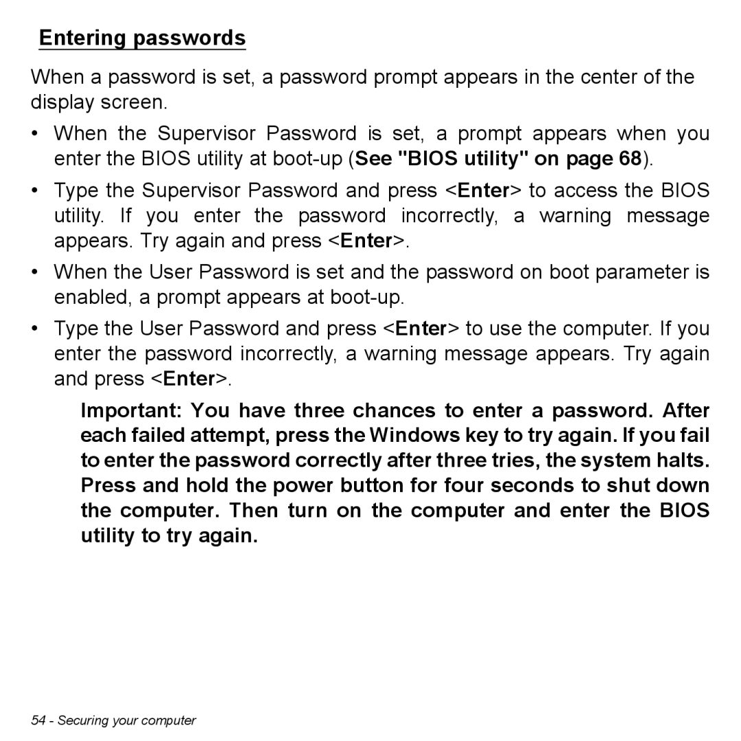 Acer W7006454, NT.L0EAA.003 manual Entering passwords 