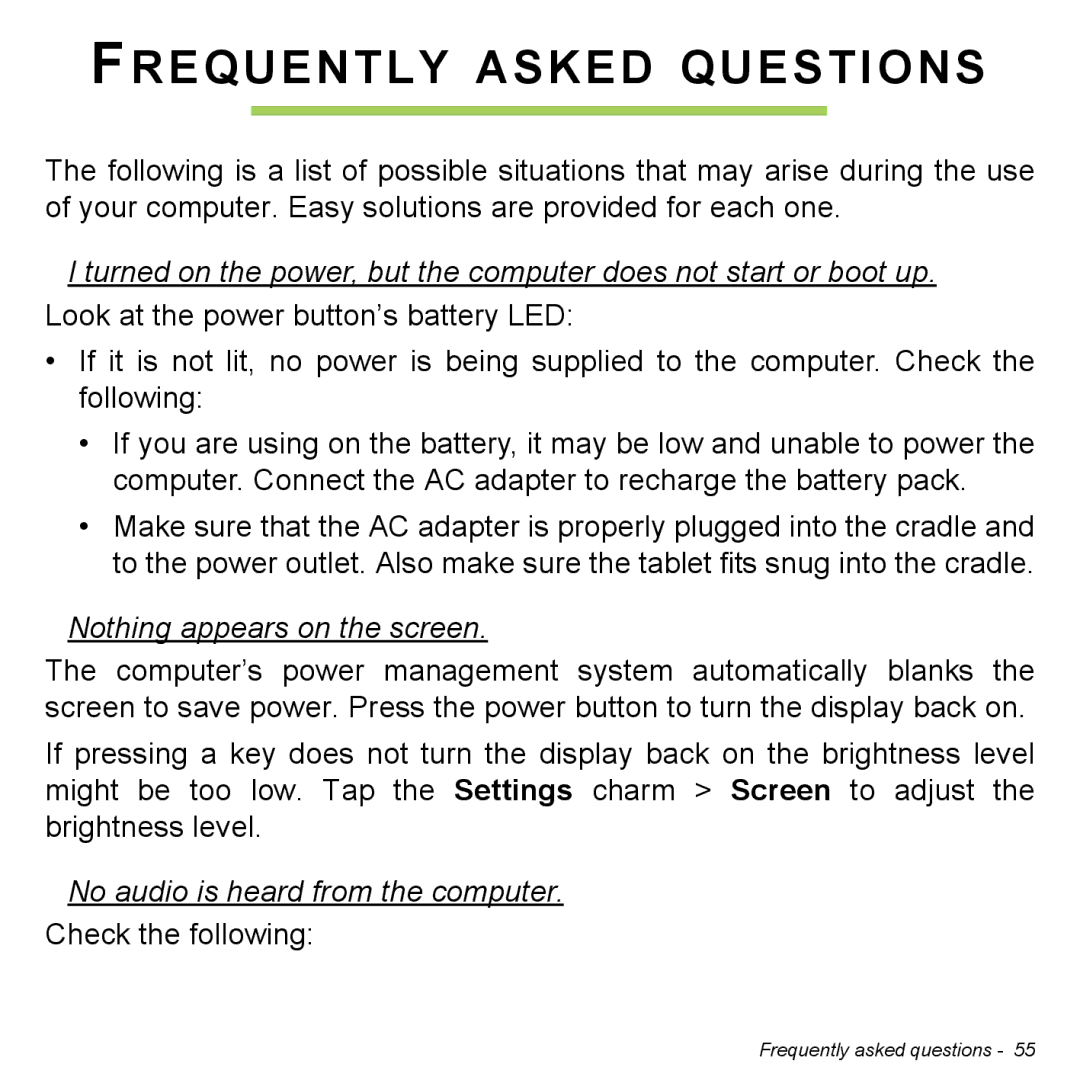 Acer NT.L0EAA.003, W7006454 Frequently Asked Questions, Nothing appears on the screen, No audio is heard from the computer 