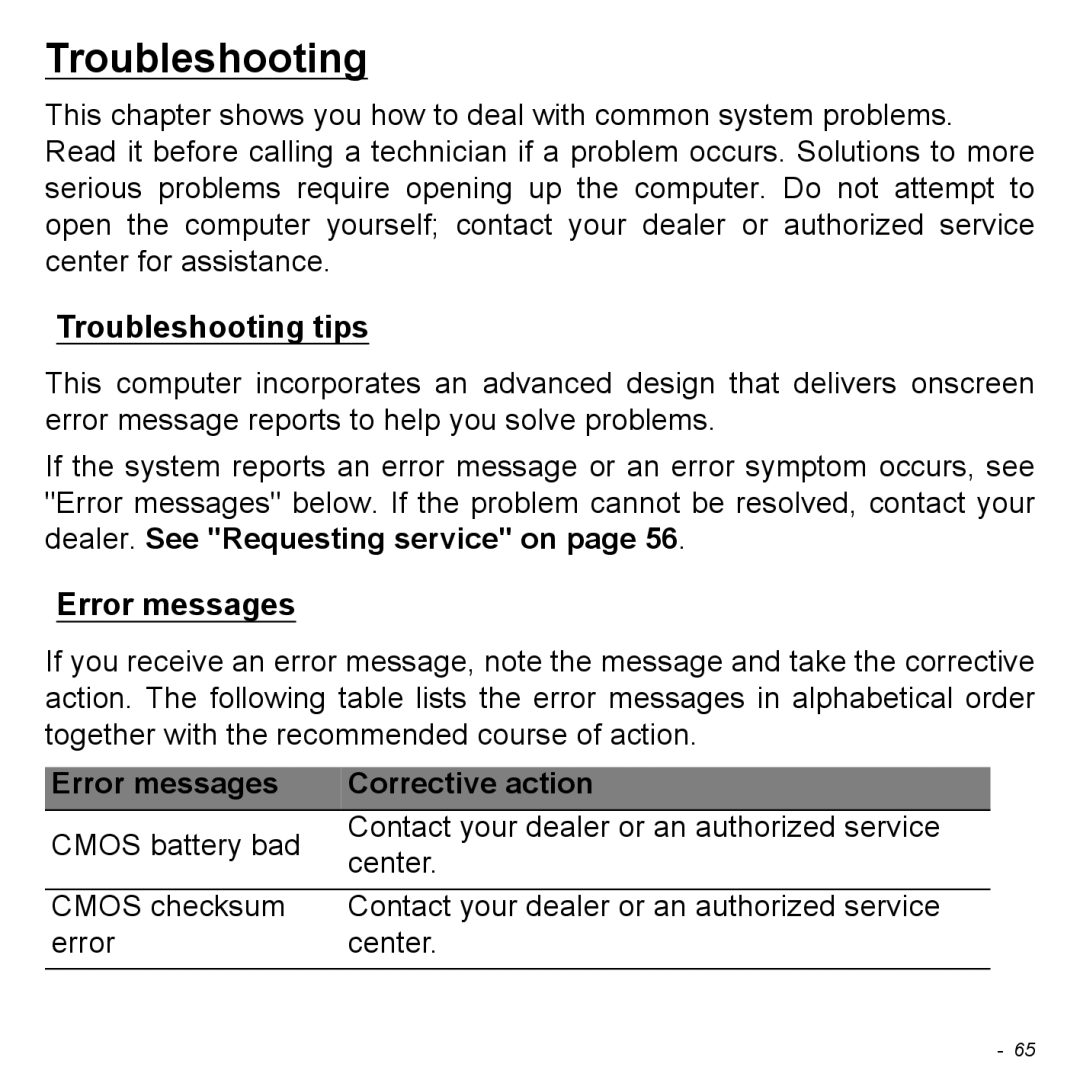 Acer NT.L0EAA.003, W7006454 manual Troubleshooting tips, Error messages, Corrective action 