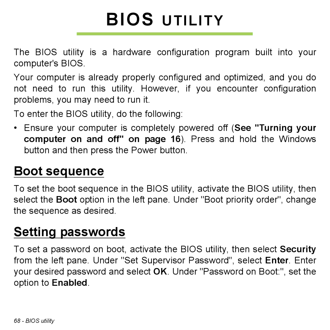 Acer W7006454, NT.L0EAA.003 manual Bios Utility, Boot sequence, Setting passwords 