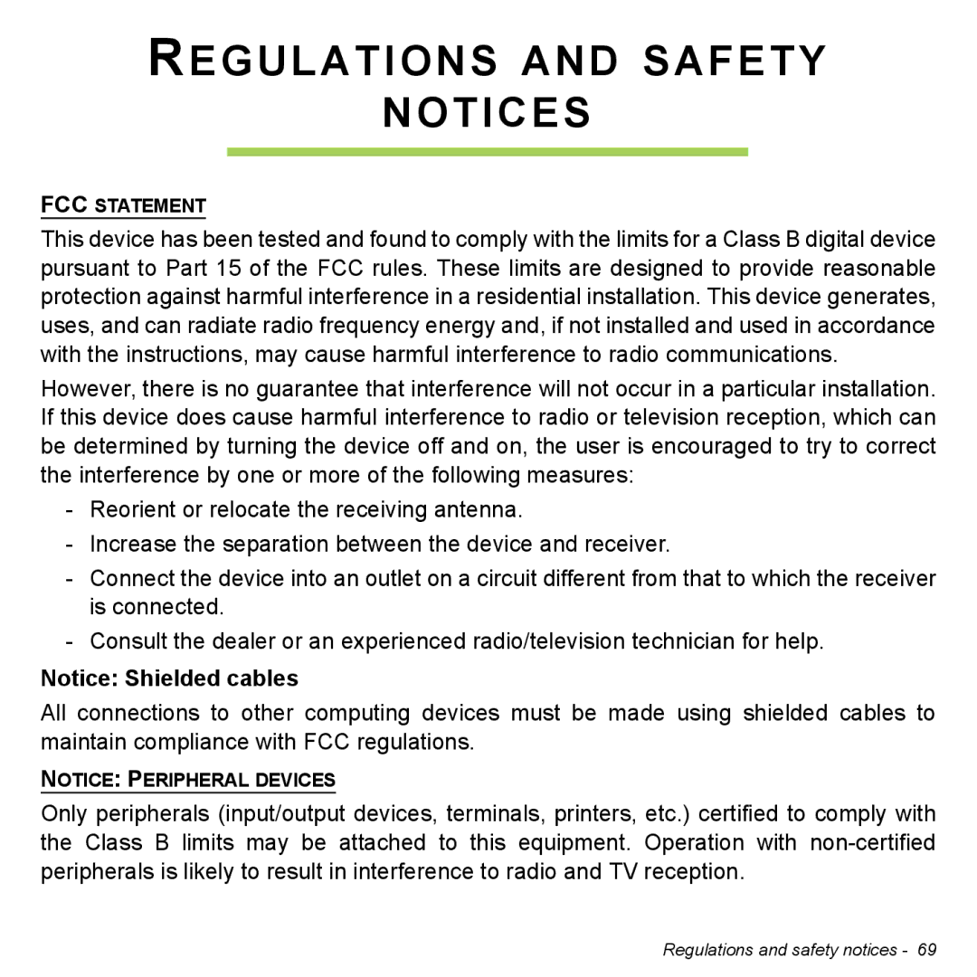 Acer NT.L0EAA.003, W7006454 manual Regulations and Safety 