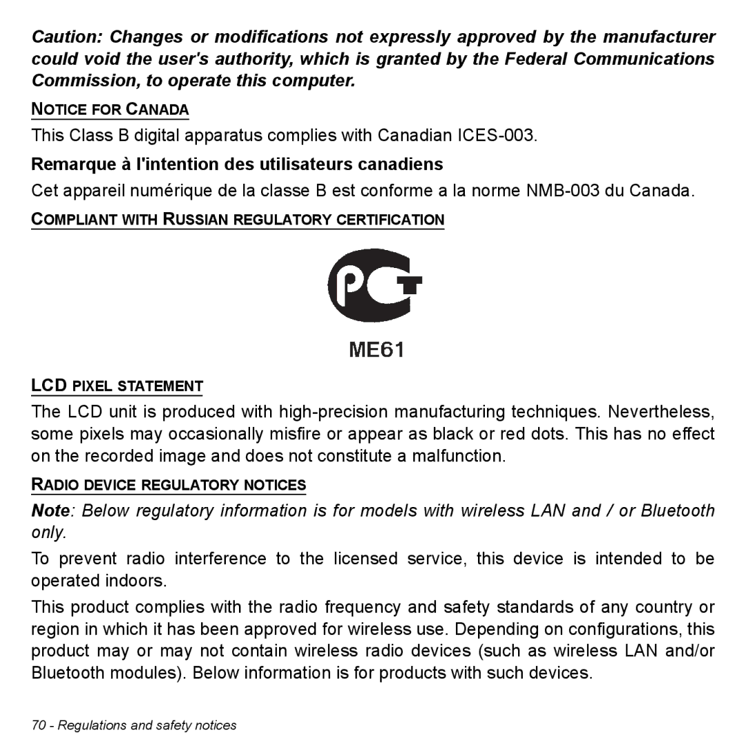 Acer W7006454, NT.L0EAA.003 manual Remarque à lintention des utilisateurs canadiens 