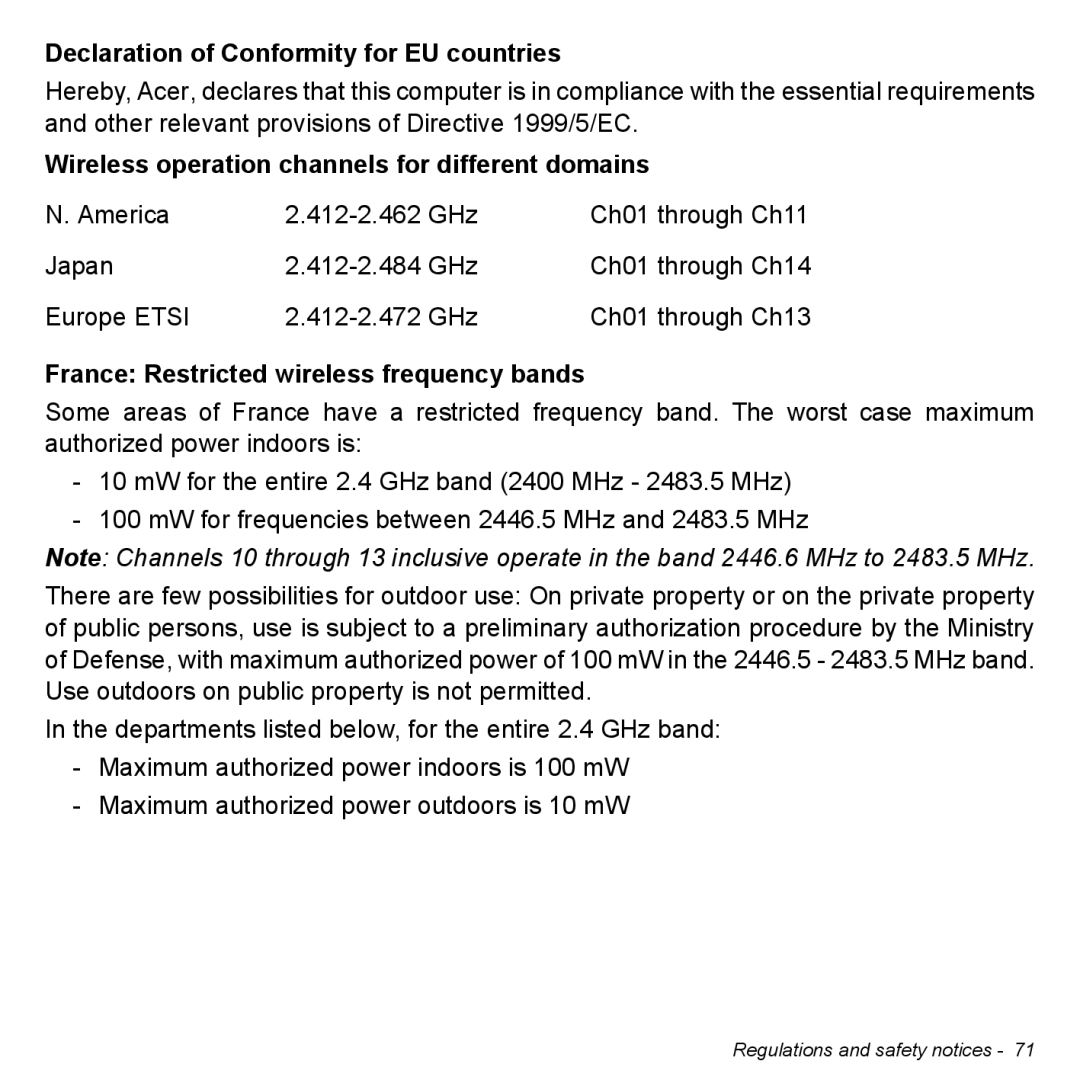 Acer NT.L0EAA.003, W7006454 Declaration of Conformity for EU countries, Wireless operation channels for different domains 