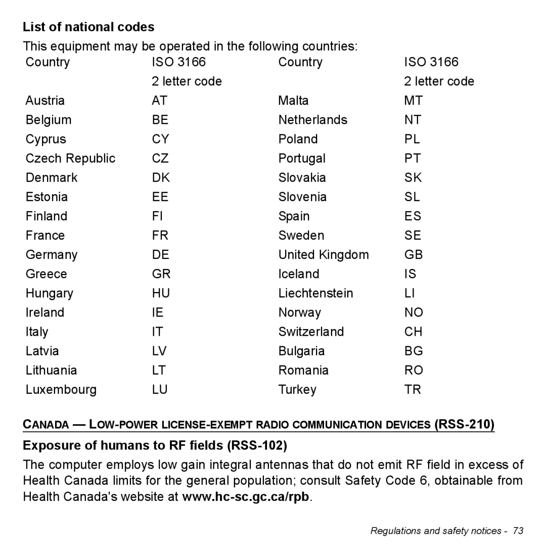 Acer NT.L0EAA.003, W7006454 manual List of national codes, Exposure of humans to RF fields RSS-102 