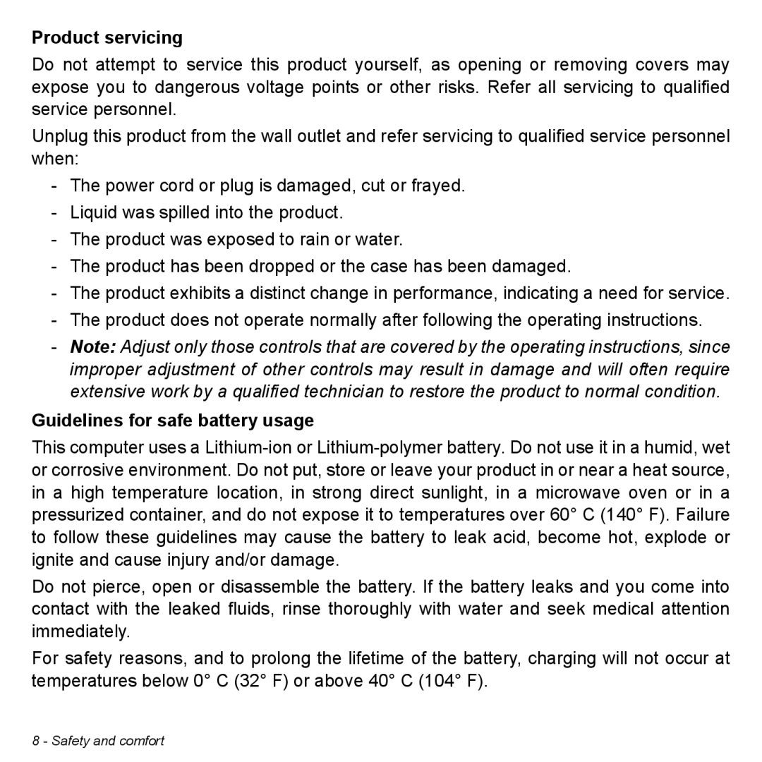 Acer W7006454, NT.L0EAA.003 manual Product servicing, Guidelines for safe battery usage 