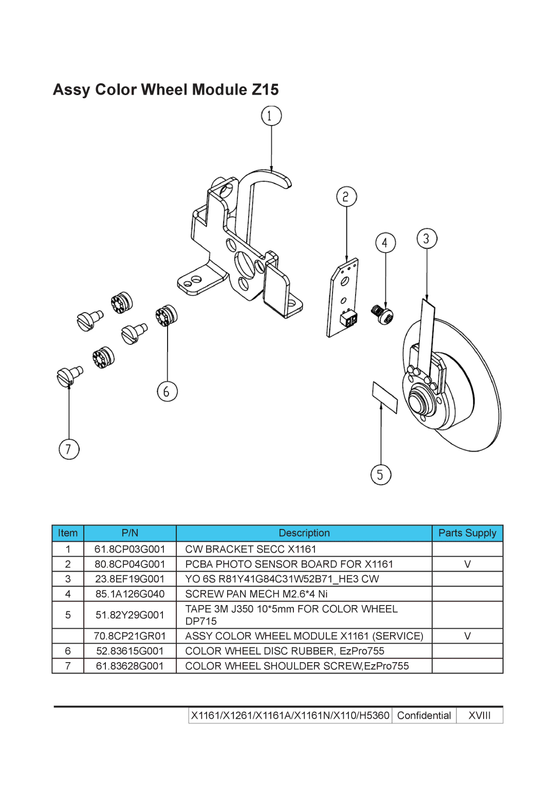 Acer X110 service manual Assy Color Wheel Module Z15, CW Bracket Secc, Pcba Photo Sensor Board for, Xviii 