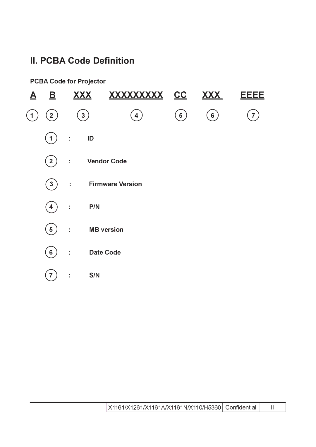 Acer X110 II. Pcba Code Definition, Pcba Code for Projector, Vendor Code Firmware Version MB version Date Code 