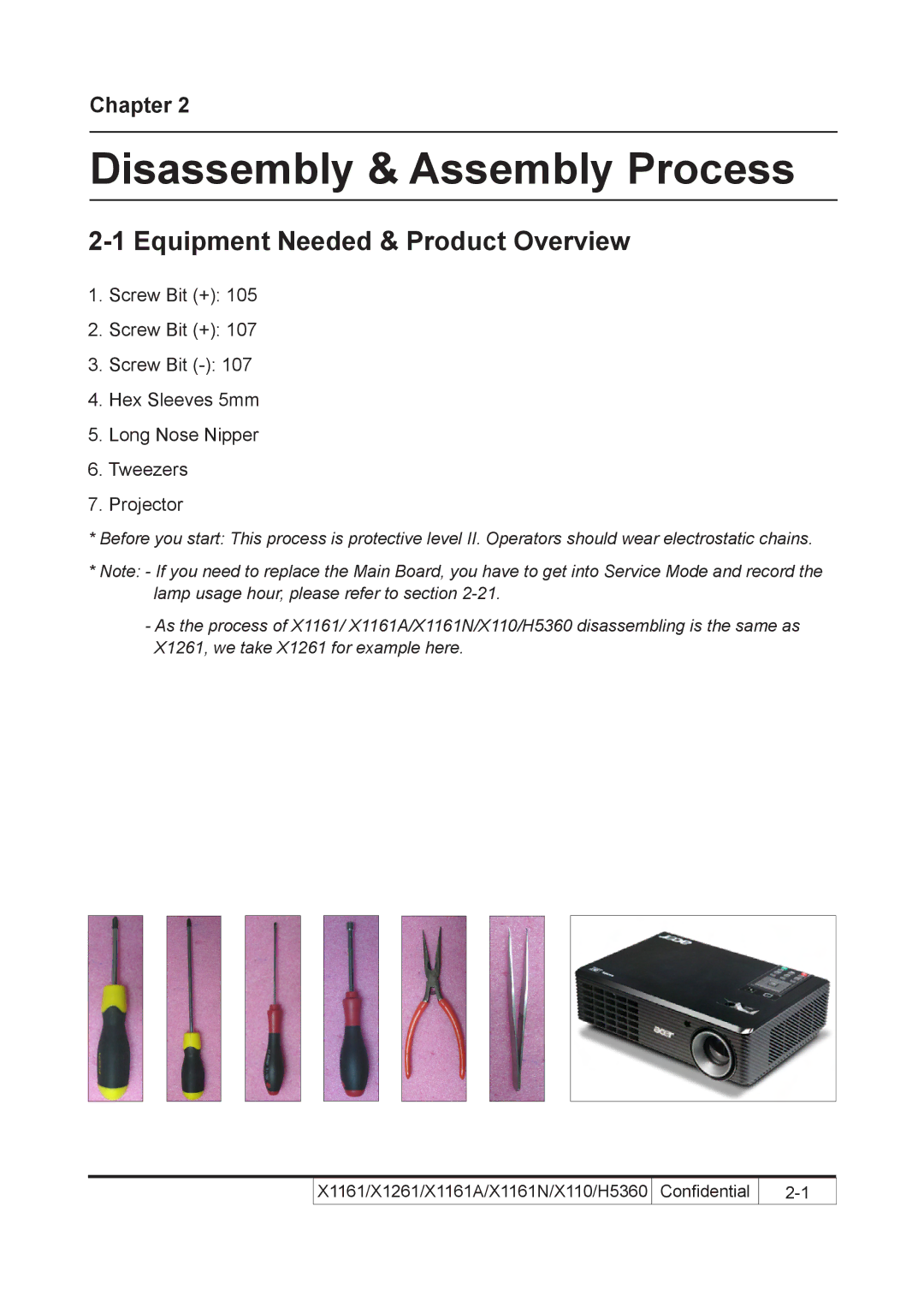 Acer X110 service manual Disassembly & Assembly Process, Equipment Needed & Product Overview 