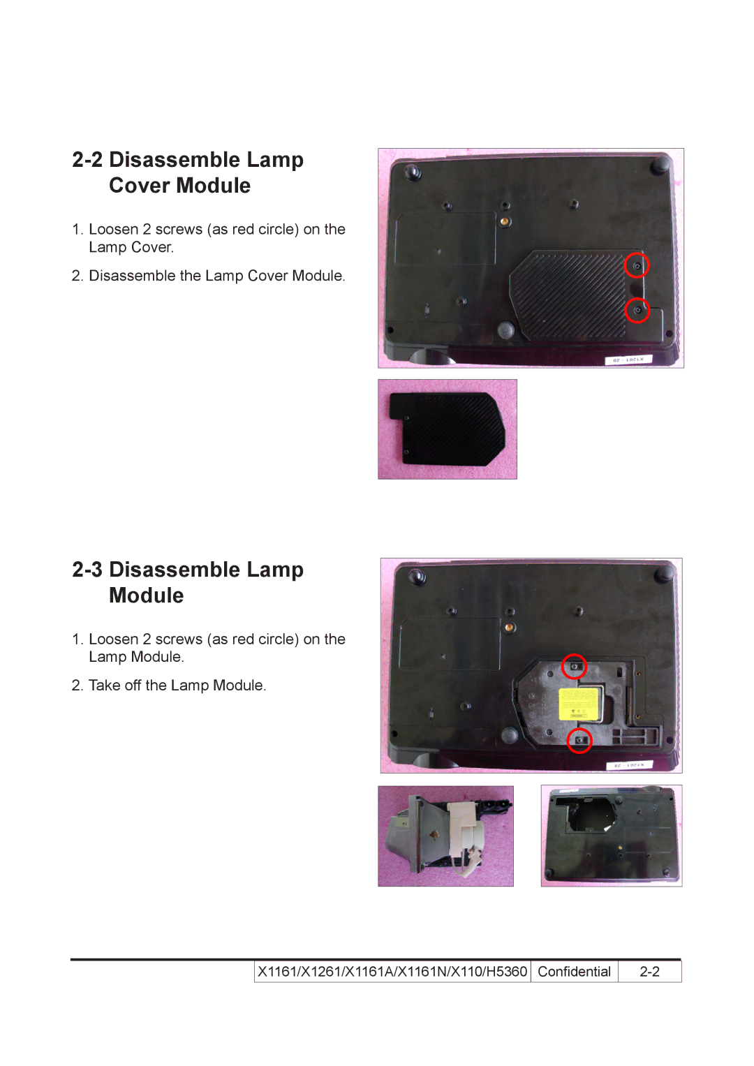 Acer X110 service manual Disassemble Lamp Cover Module, Disassemble Lamp Module 