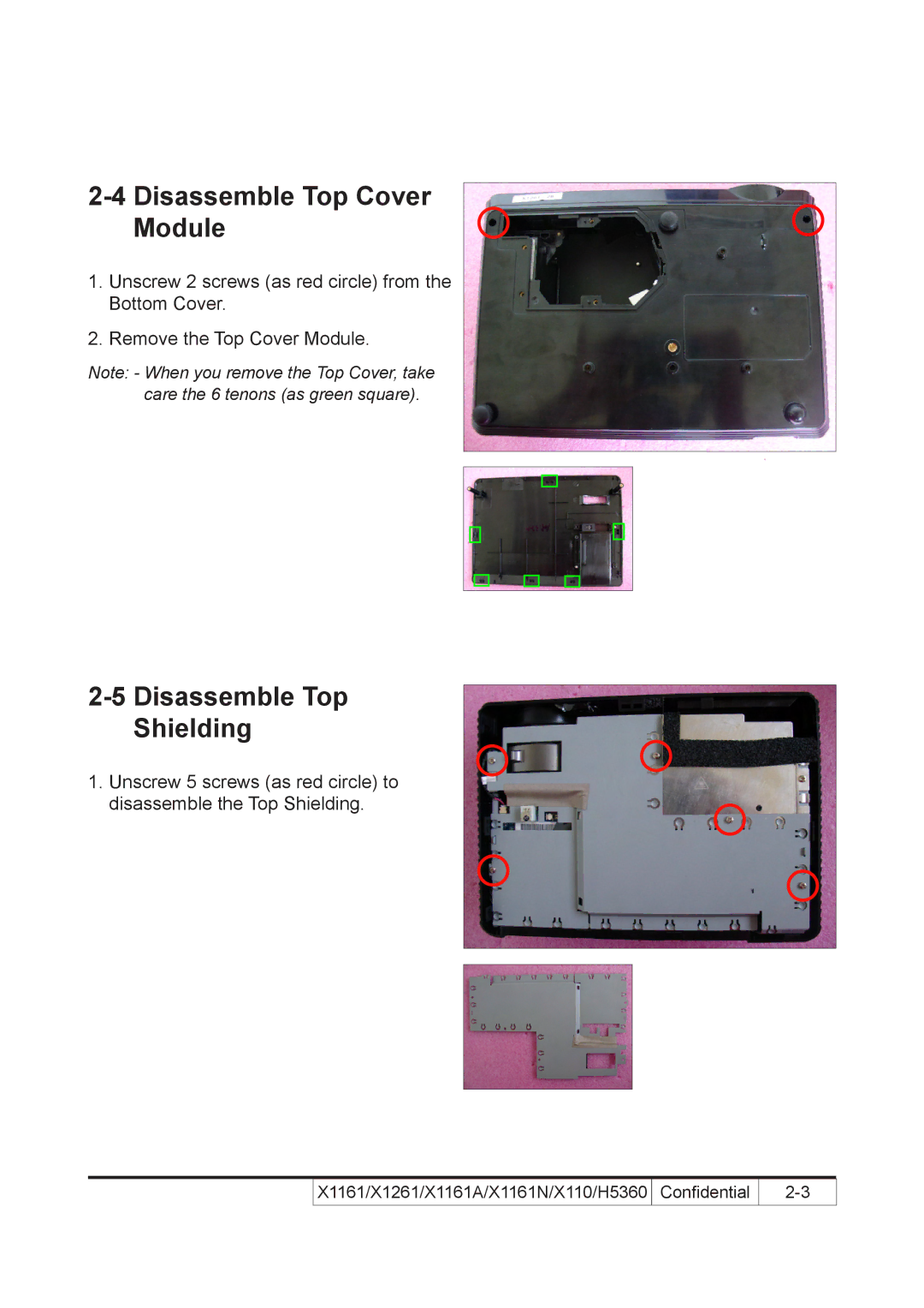 Acer X110 service manual Disassemble Top Cover Module, Disassemble Top Shielding 