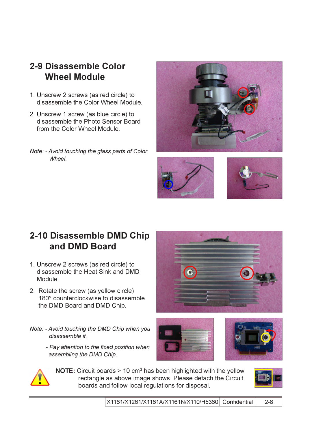 Acer X110 service manual Disassemble Color Wheel Module, Disassemble DMD Chip DMD Board 