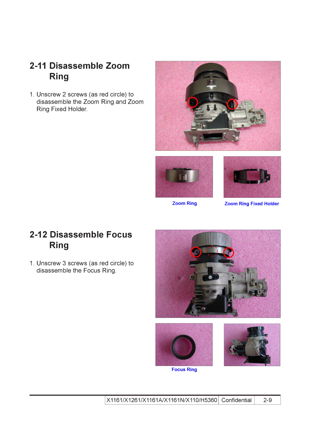 Acer X110 service manual Disassemble Zoom Ring, Disassemble Focus Ring 