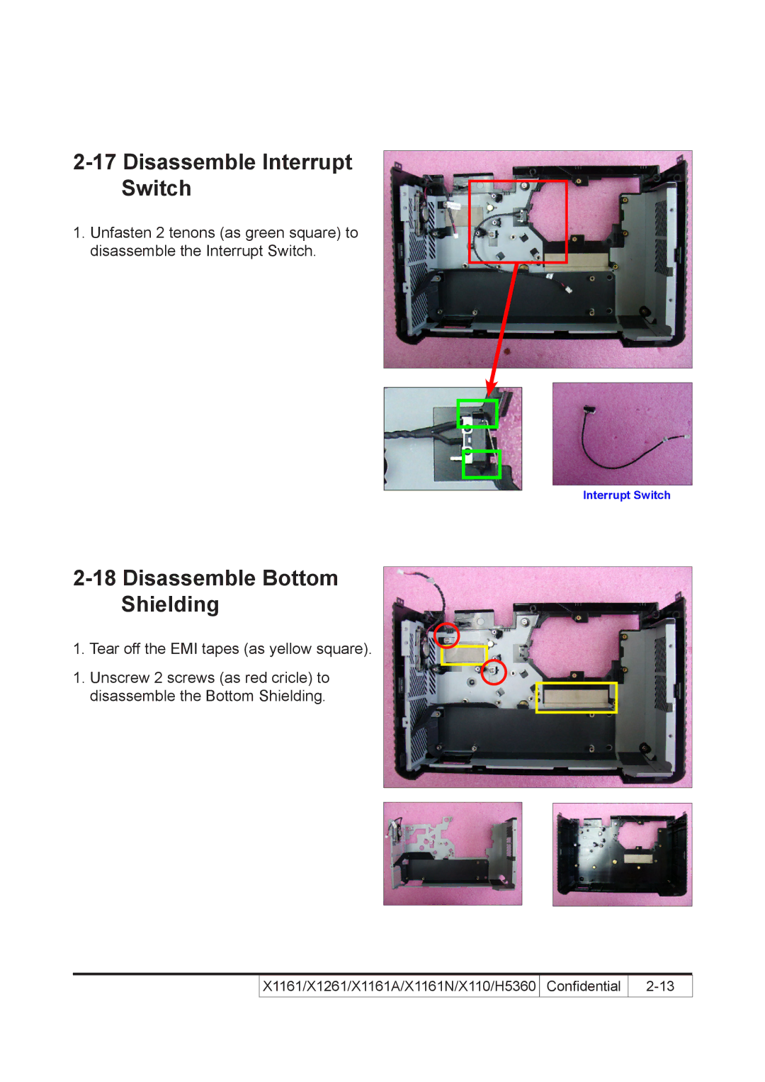 Acer X110 service manual Disassemble Interrupt Switch, Disassemble Bottom Shielding 