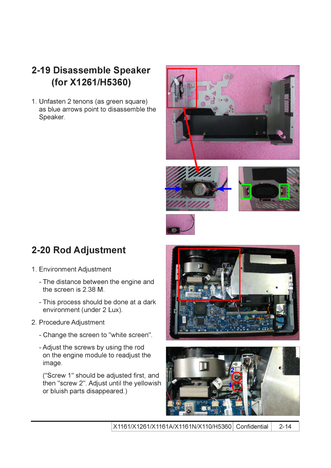 Acer X110 service manual Disassemble Speaker For X1261/H5360, Rod Adjustment 