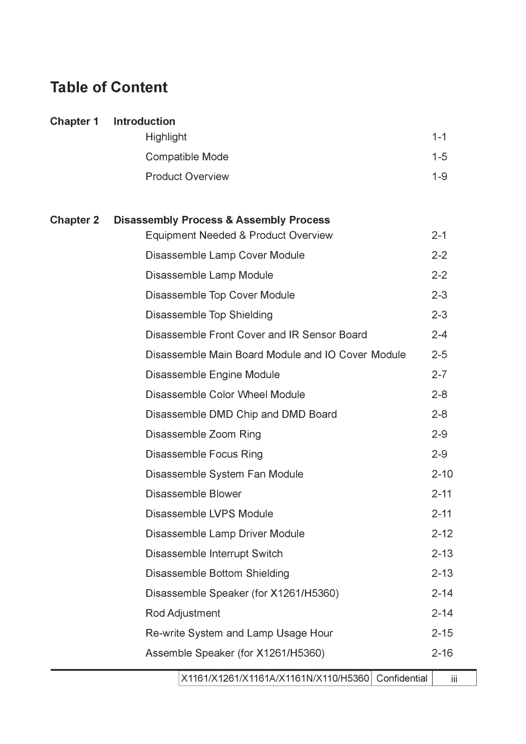 Acer X110 service manual Table of Content, Introduction, Disassembly Process & Assembly Process 