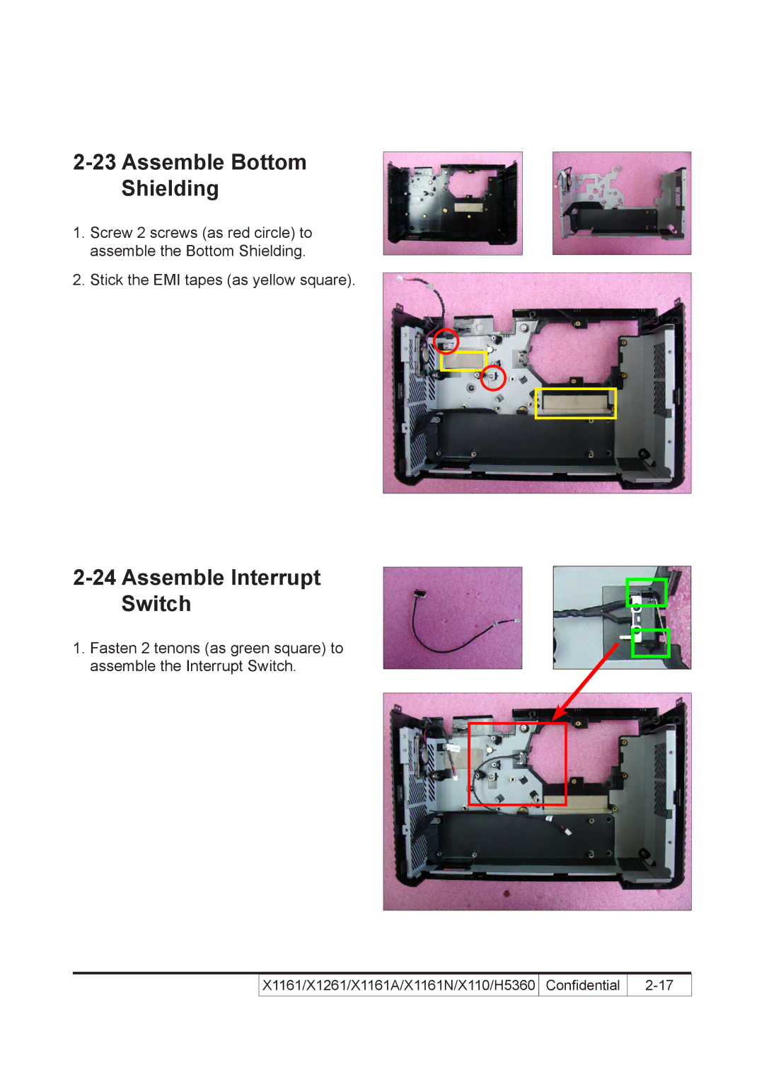 Acer X110 service manual Assemble Bottom Shielding, Assemble Interrupt Switch 