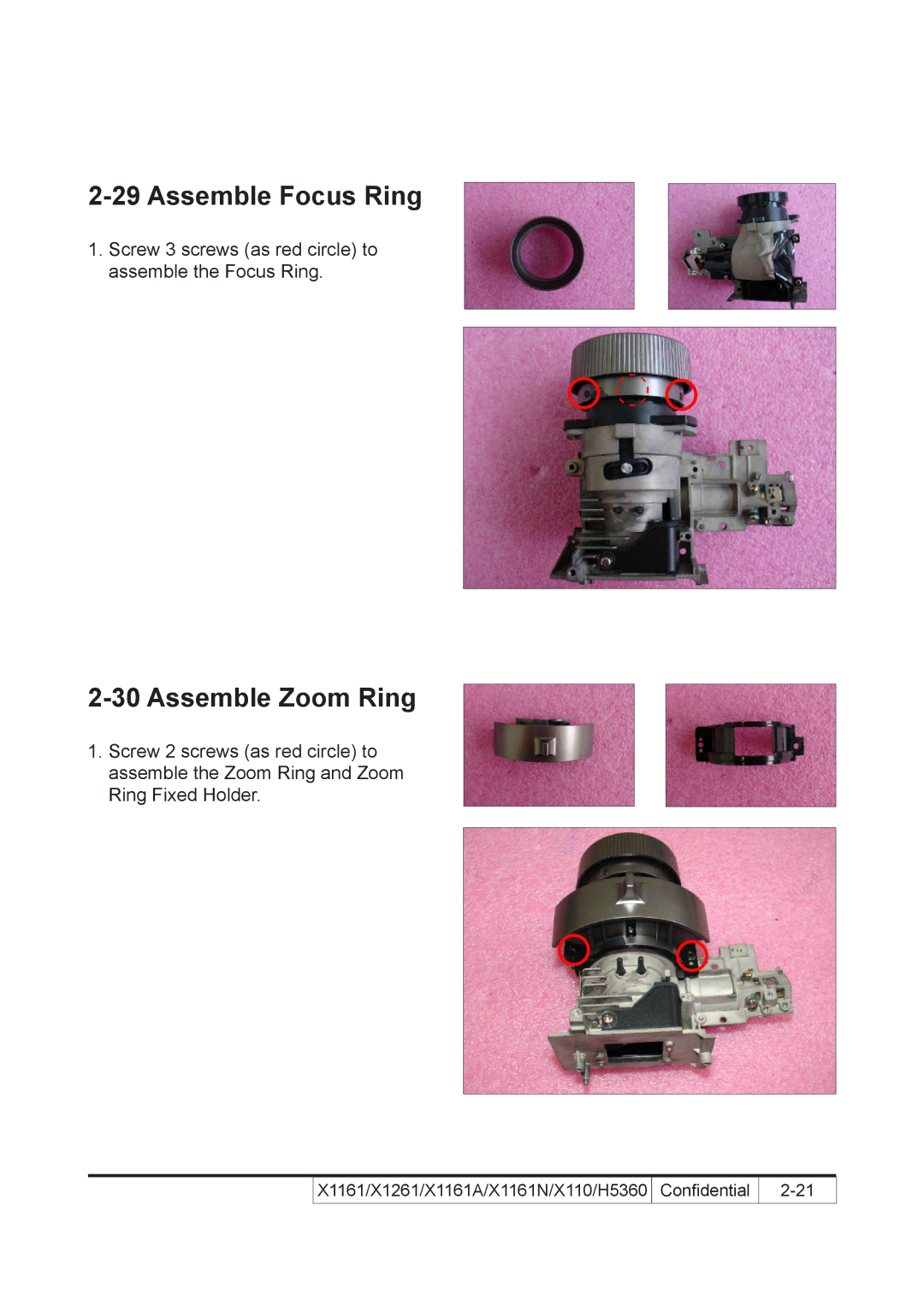 Acer X110 service manual Assemble Focus Ring, Assemble Zoom Ring 