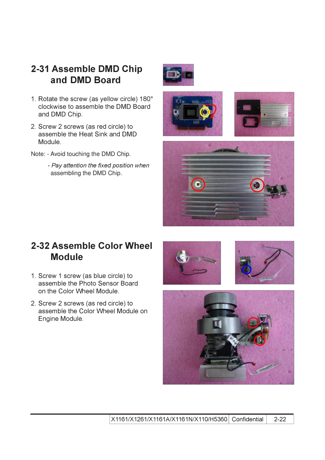 Acer X110 service manual Assemble DMD Chip DMD Board, Assemble Color Wheel Module 