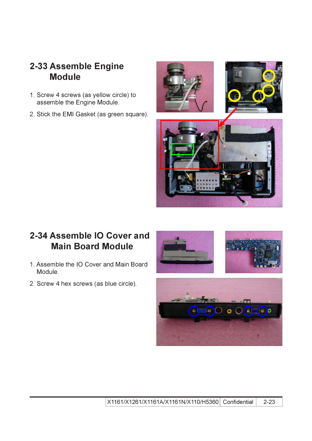 Acer X110 service manual Assemble Engine Module, Assemble IO Cover Main Board Module 