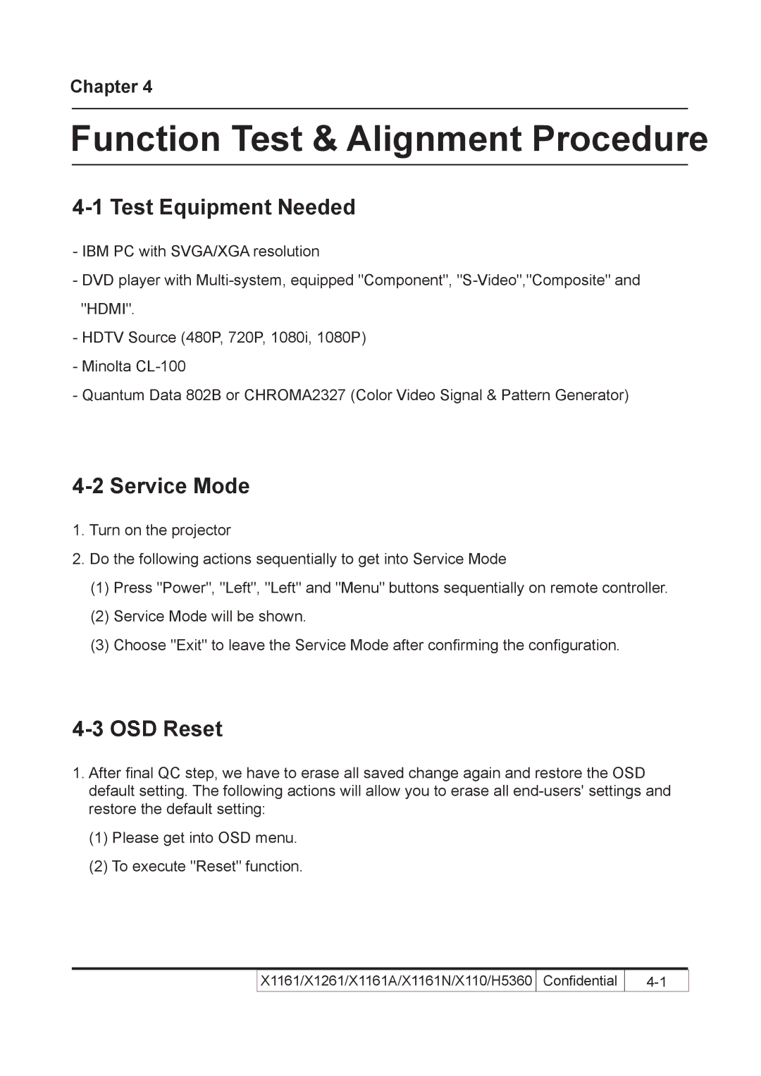 Acer X110 service manual Test Equipment Needed, Service Mode, OSD Reset 