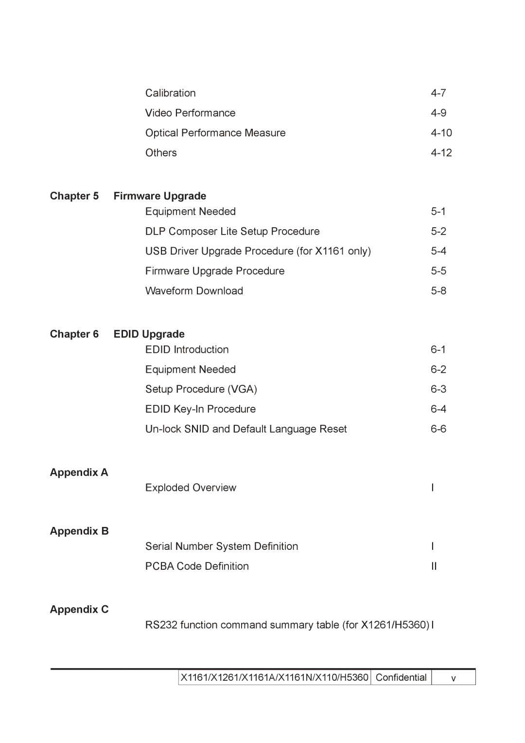 Acer X110 service manual Chapter Firmware Upgrade, Chapter Edid Upgrade, Appendix a, Appendix B, Appendix C 