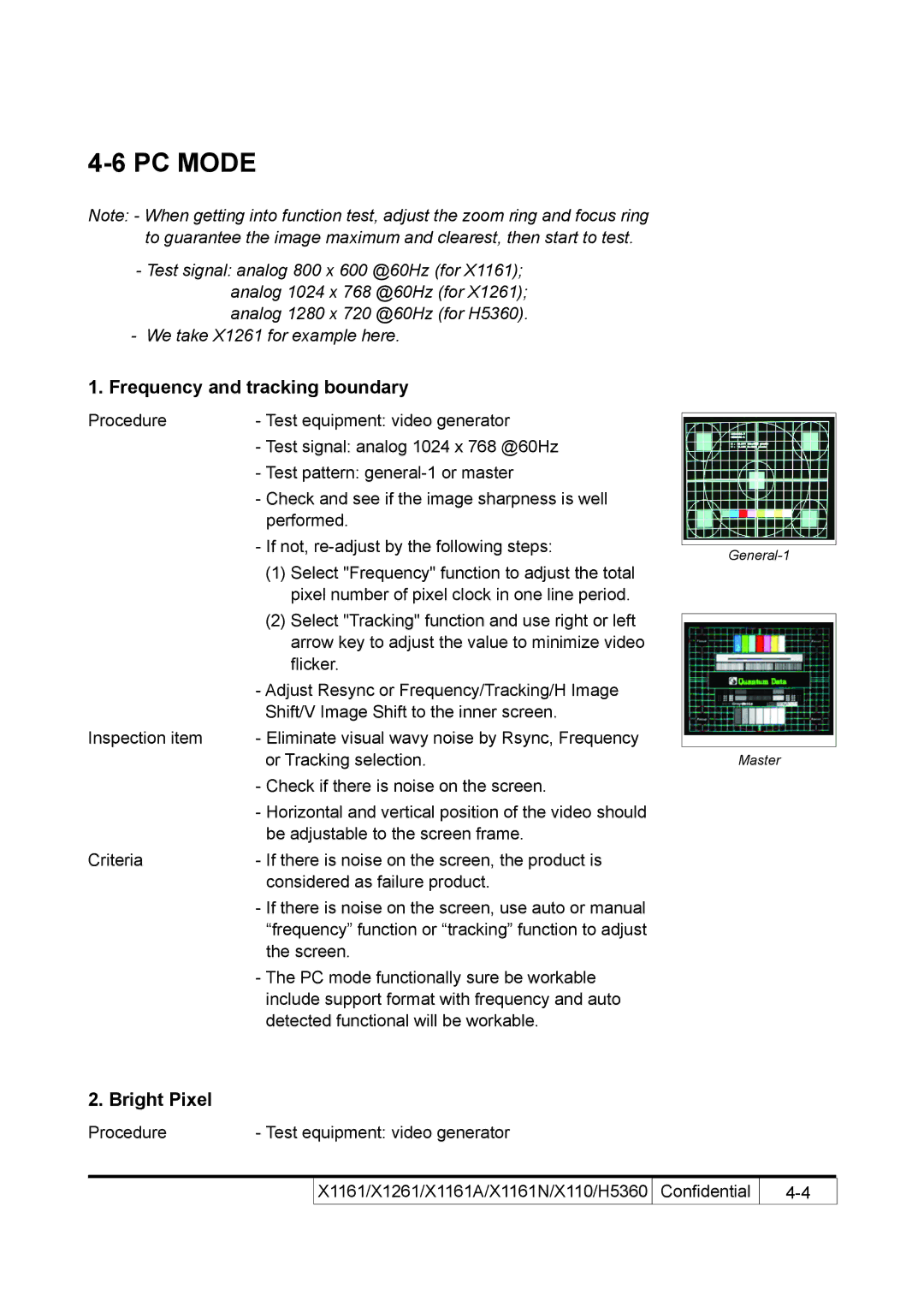 Acer X110 service manual Frequency and tracking boundary, Bright Pixel 