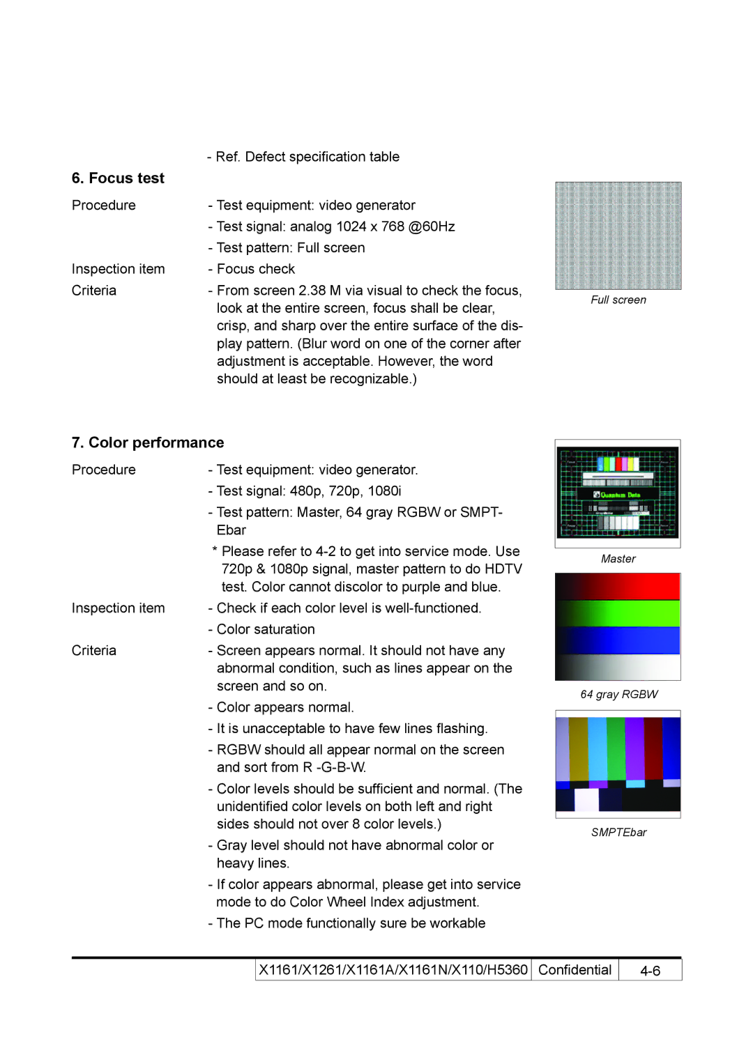 Acer X110 service manual Focus test, Color performance 