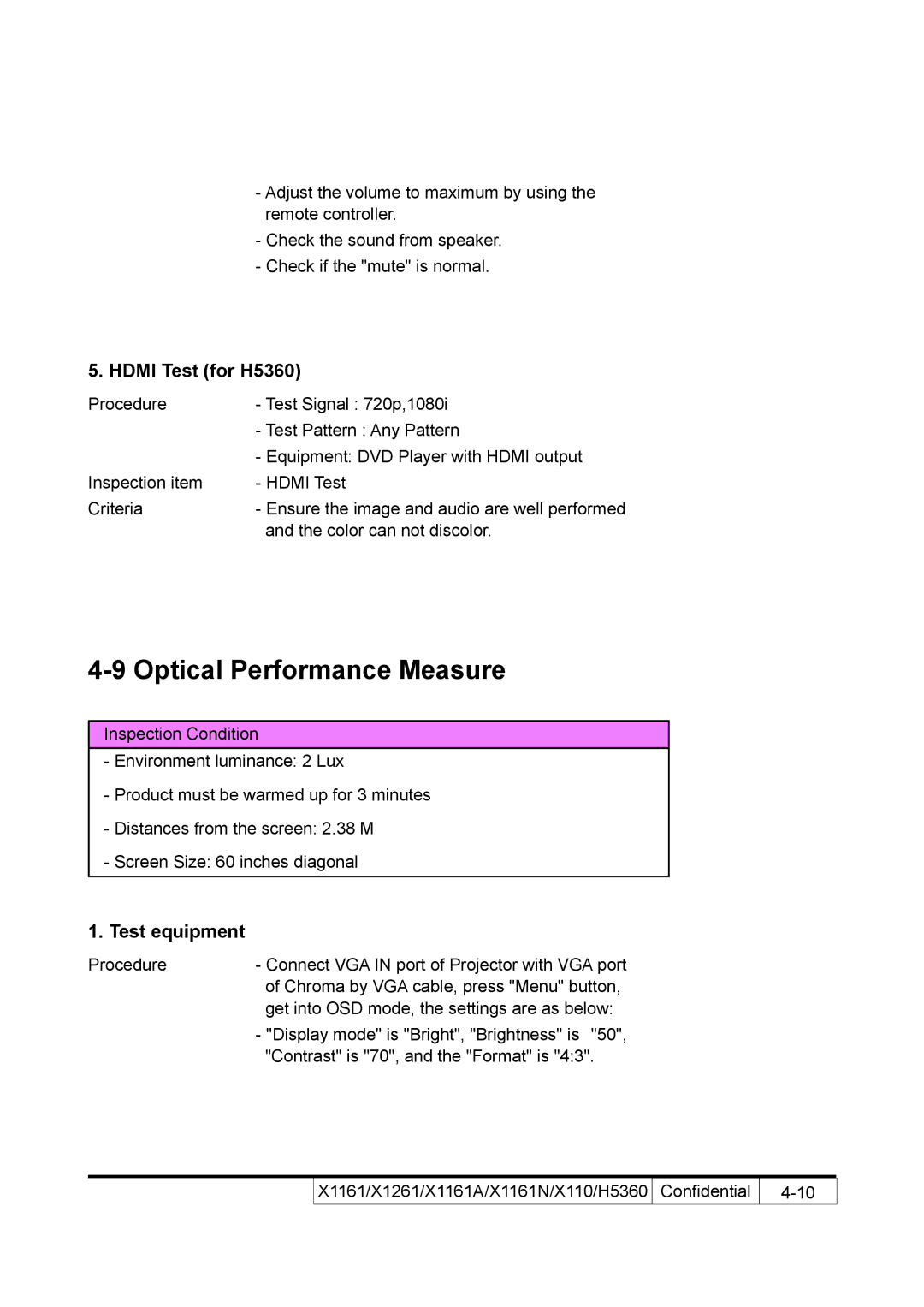 Acer X110 service manual Optical Performance Measure, Hdmi Test for H5360, Test equipment 