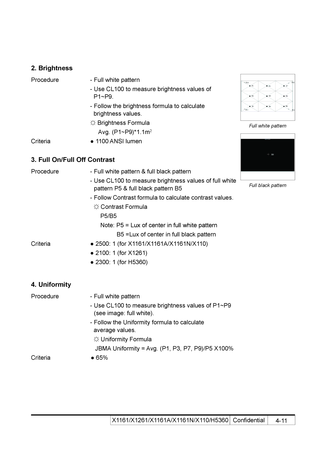 Acer X110 service manual Brightness, Full On/Full Off Contrast, Uniformity 