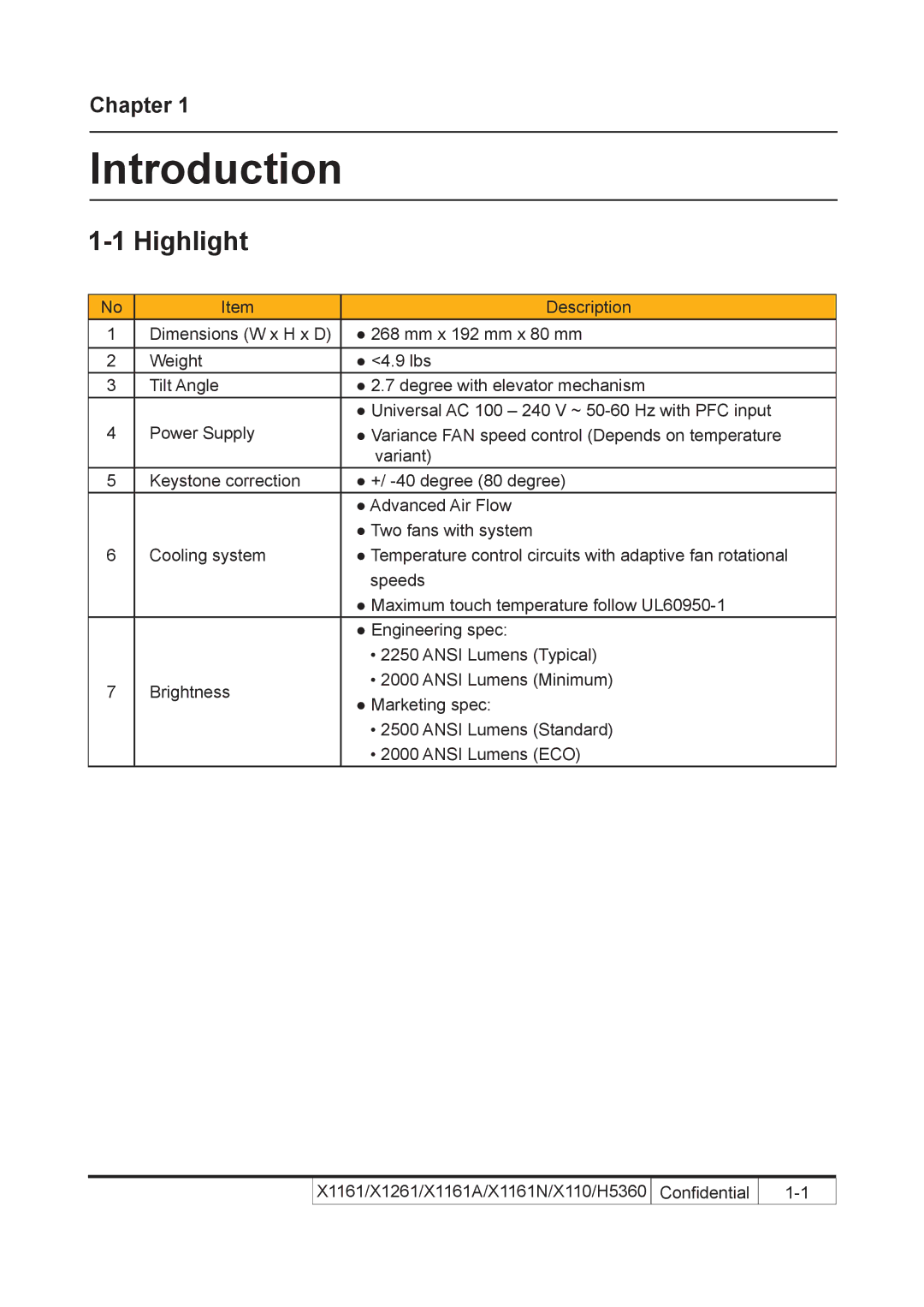 Acer X110 service manual Introduction, Highlight 