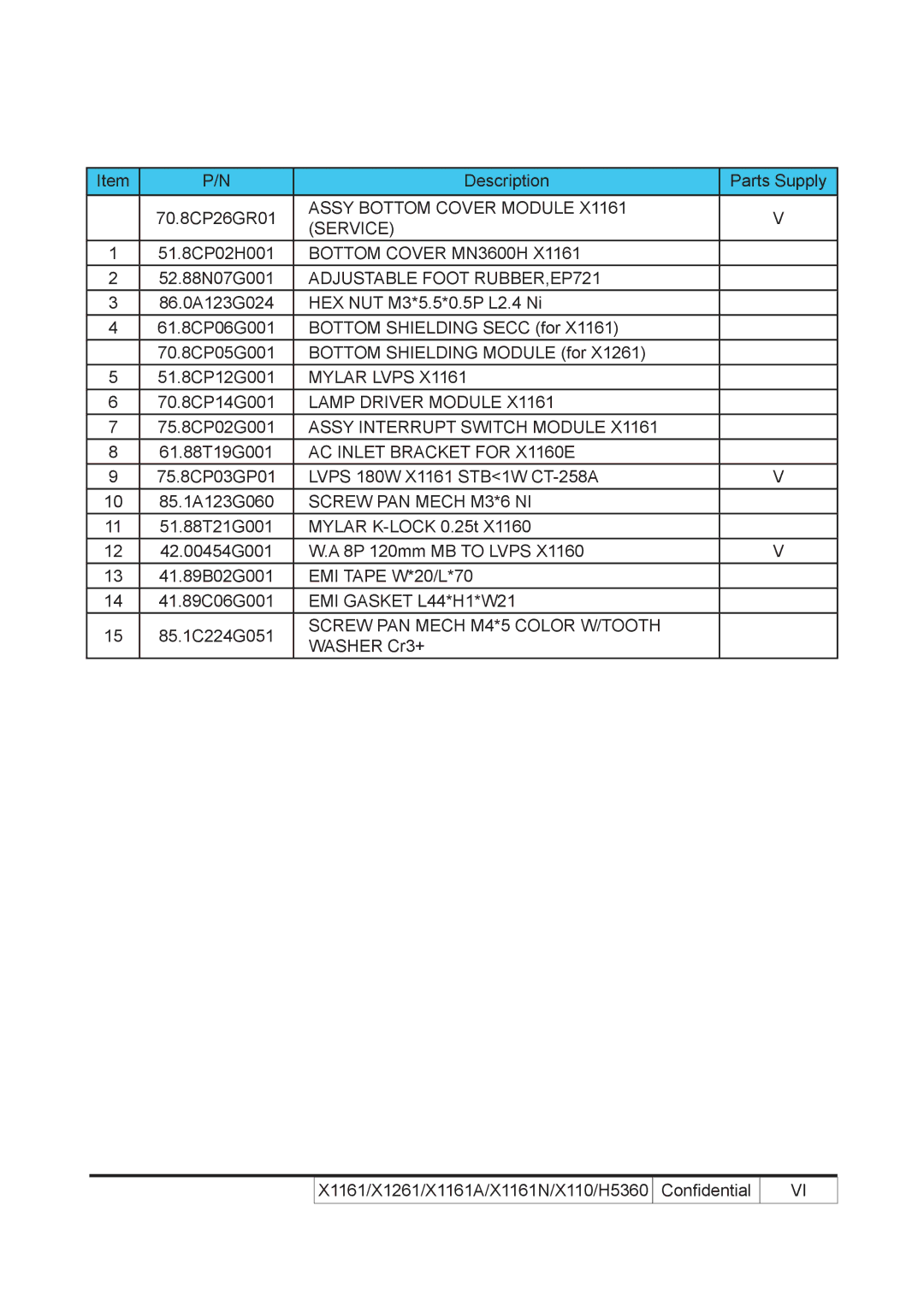 Acer X110 service manual Assy Bottom Cover Module Service, 52.88N07G001 Adjustable Foot RUBBER,EP721 