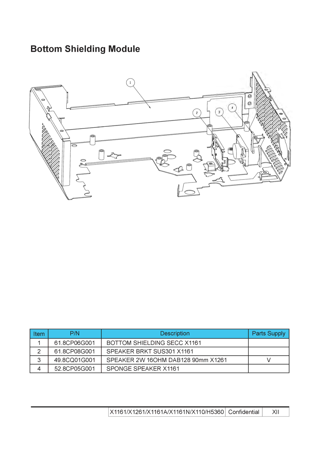 Acer X110 service manual Bottom Shielding Module, 61.8CP06G001 Bottom Shielding Secc, Xii 