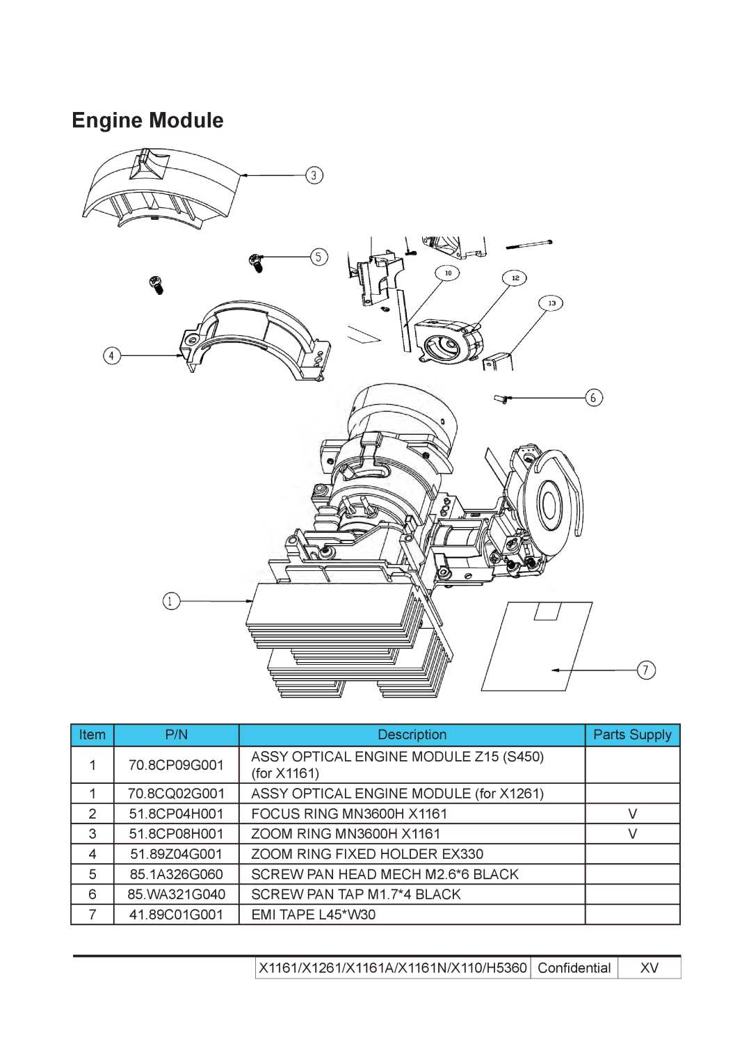 Acer X110 service manual Assy Optical Engine Module Z15 S450, Focus Ring MN3600H 